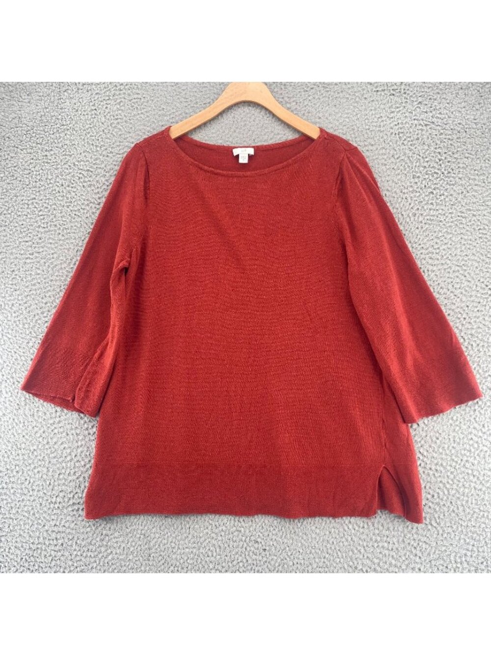 J Jill Top Womens Medium Red Rust Linen Blend Knit 3/4 Sleeve Stretch Pullover